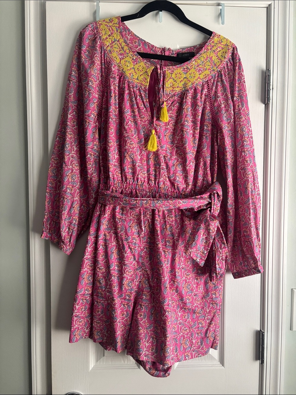 J. Crew Pink Paisley Romper with Yellow Embroidered Yoke sz 12